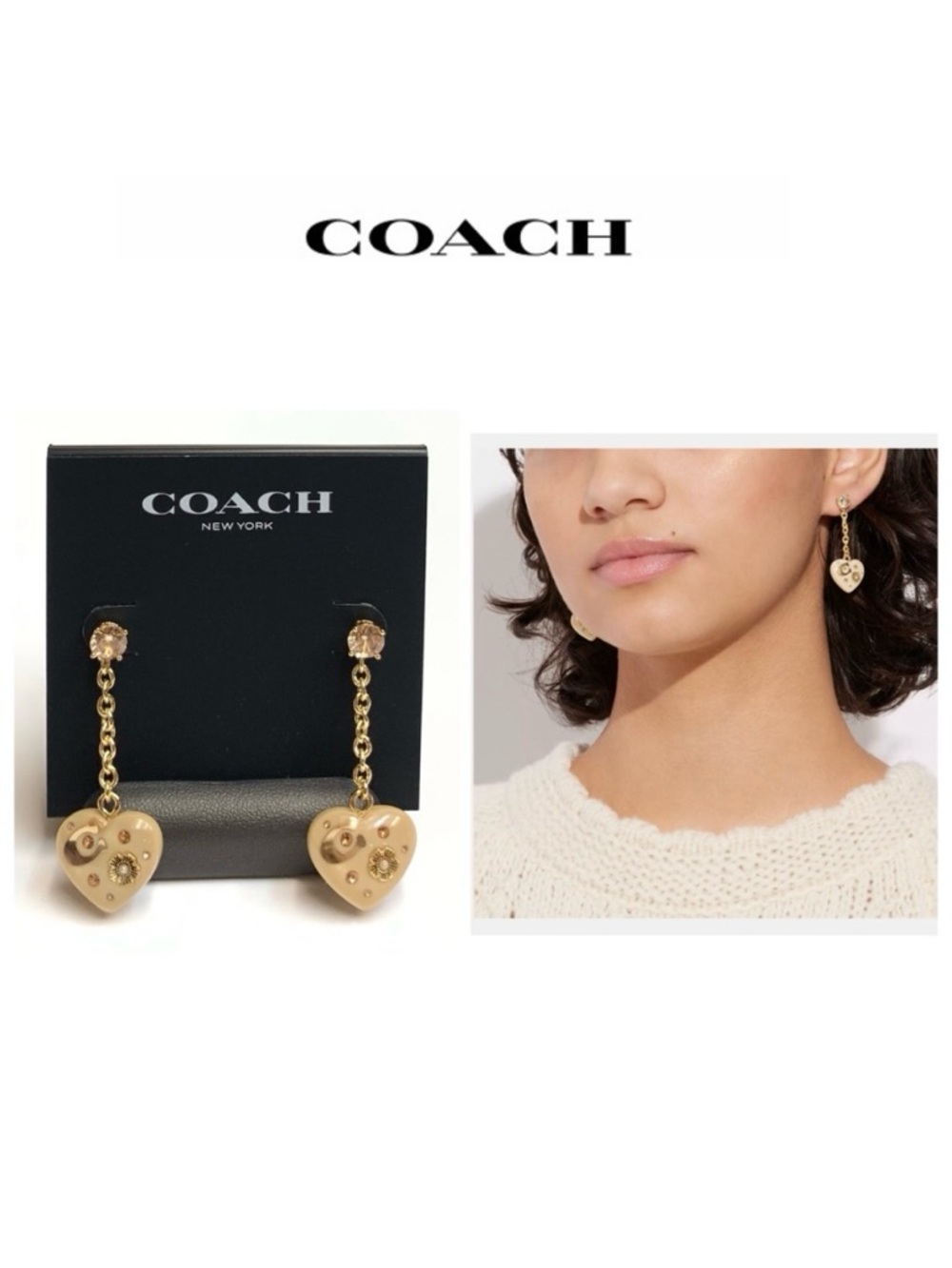 NWT Coach HEART 12-K Gold Plated Brass CZ Crystal Tea Rose Motif Drop Earrings